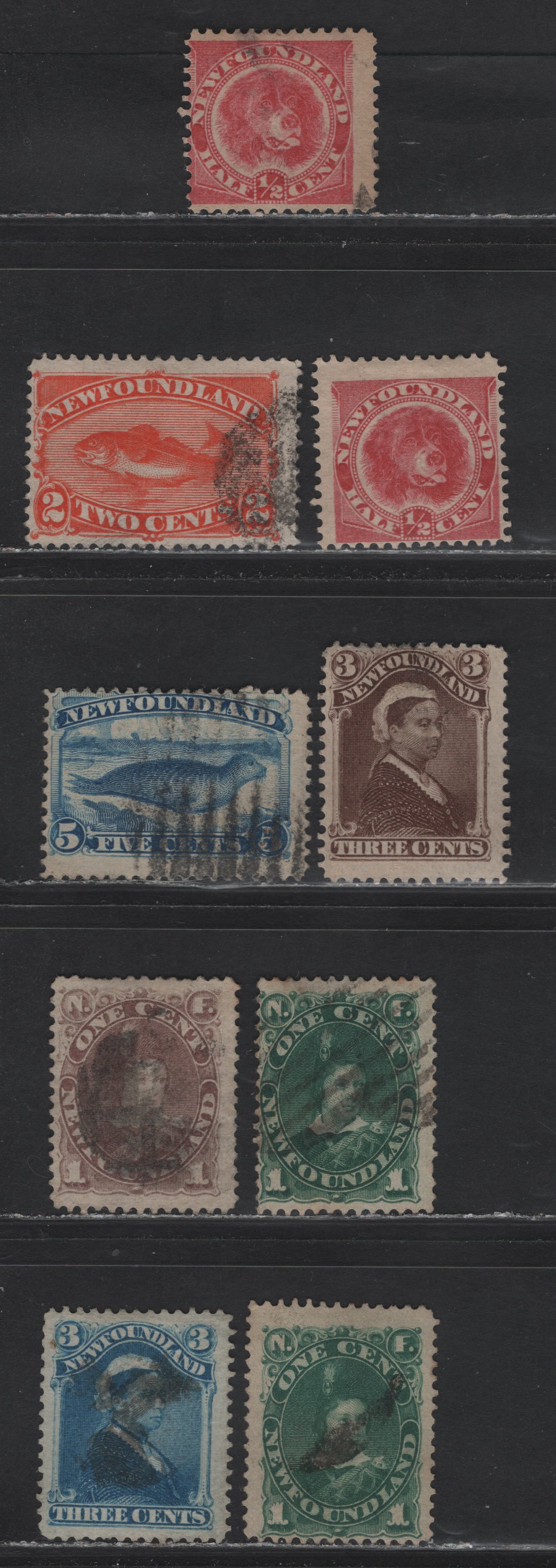 Lot 276 Newfoundland (C) #41, 44, 48b, 49, 51, 55-56a 1c - 1/2c Violet Brown - Deep Rose Red , 1880-1896 4th Cents Issue, 8 Very Good/Fine Used Singles, Selection On Different Papers & Perfs, Unchecked As To Specific Types