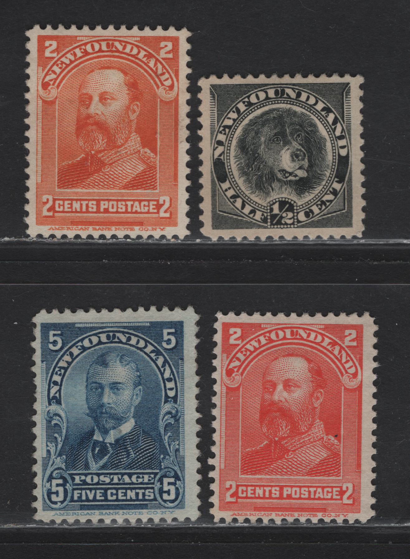 Lot 277 Newfoundland (C) #58, 81-82, 85 1/2c - 5c Black - Blue Newfoundland Dog - Duke Of York, 1887-1901 4th Cents - Royal Family Issues, 4 Fine/Very Fine Unused Singles, Cents-XX, ABNN-Q & ABNN-G Papers