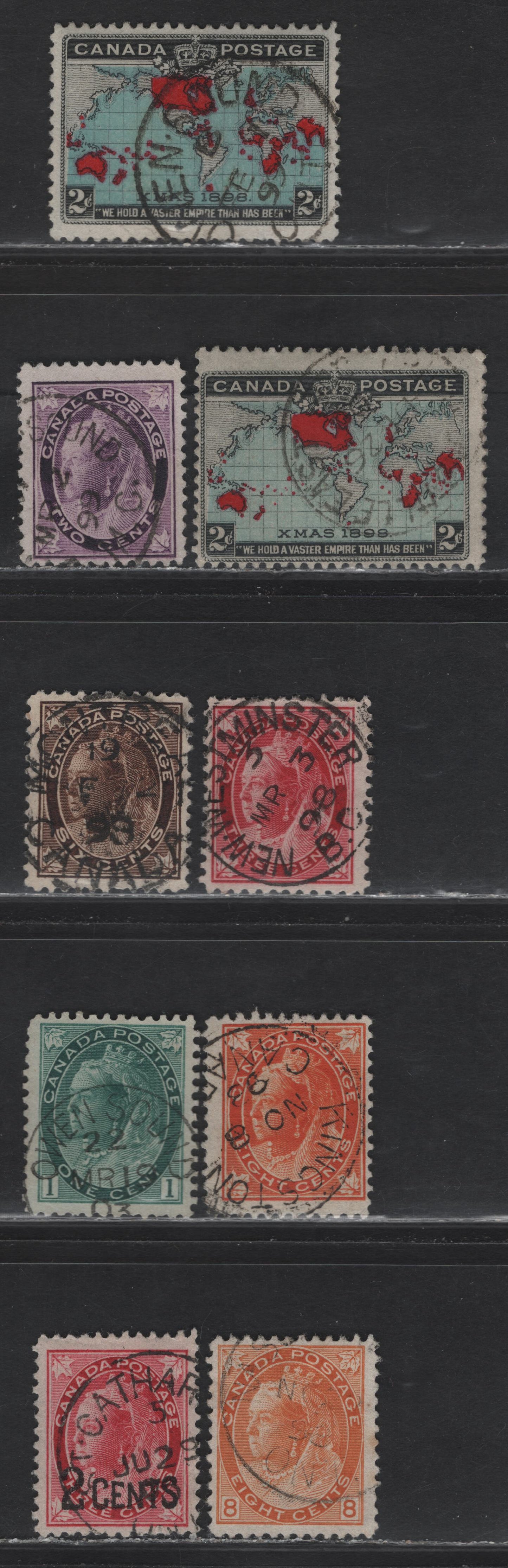 Lot 283 Canada (C) #68-69, 71-72, 75ii, 82, 86,b 2c Purple - Deep Greenish Blue Queen Victoria - Mercator's Projection, 1897-1898 Maple Leaf, Numeral & Imperial Penny Postage Issues, 8 Fine Used Singles, Unchecked Paper Types, All With SON Town Cancels