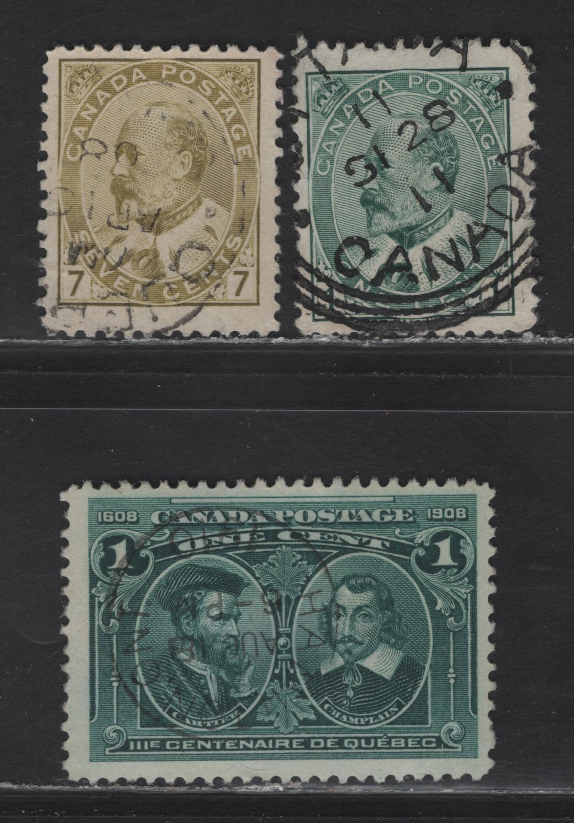 Lot 285 Canada (C) #89ii, 92, 97 1c - 7c Gray Green - Deep Bluish Green King Edward VII - Cartier & Champlain, 1903-1908 King Edward VII - Quebec Tercentenary Issues, 3 Fine Used Singles, SON Aug 18 1910, April 10 1908 Quebec & Sept 28 1911 Ottawa CDS