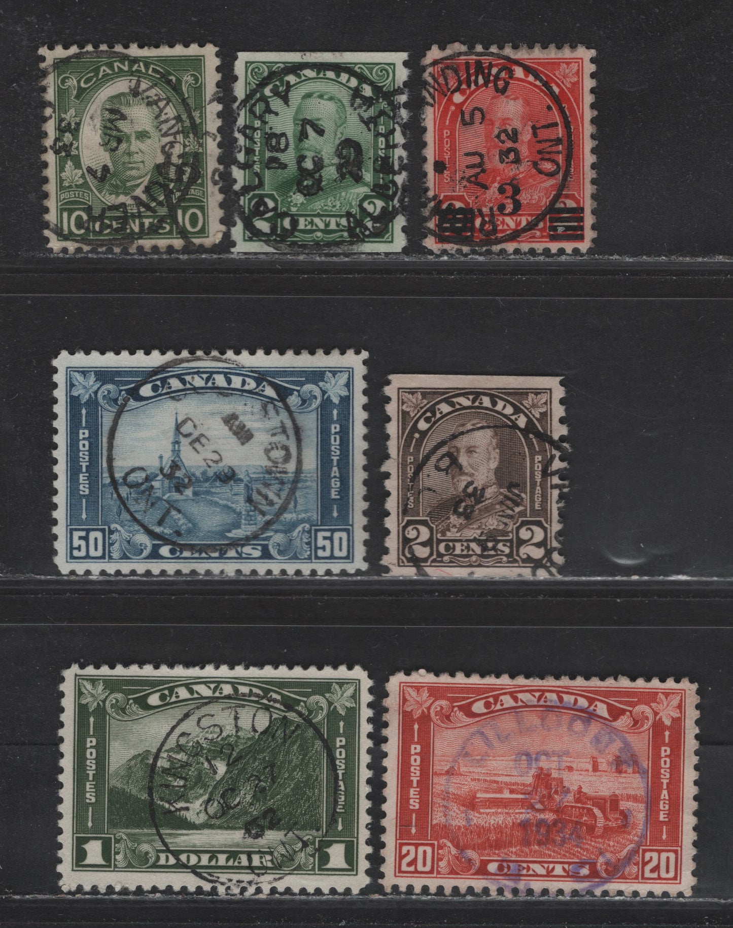 Lot 287 Canada (C) #161, 175-177, 182, 190-191 2c - 3c on 2c Green - Red , 1929-1930 Scroll - Arch/Leaf Provisional Issues, 7 Very Fine Used Singles, SON Cancels Including Oct 27 1932 Kingston, Dec 291932 Cookstown & Oct 27 1934 Lillovet BC