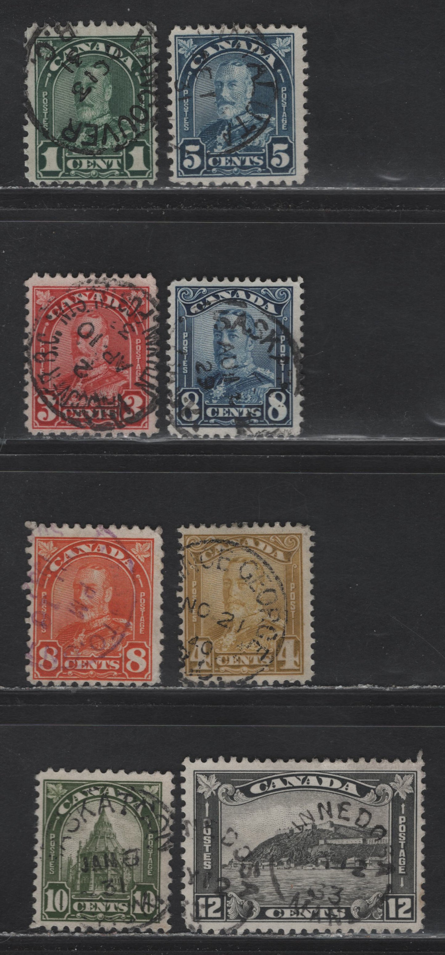 Lot 288 Canada (C) #154, 163b, 167, 170, 152, 172, 173-174 4c - 12c Bistre - Gray Black King George V - Quebec Citadel, 1928-1931 Scroll - Arch/Leaf Issues, 8 Fine Used Singles, SON CDS Town Cancels
