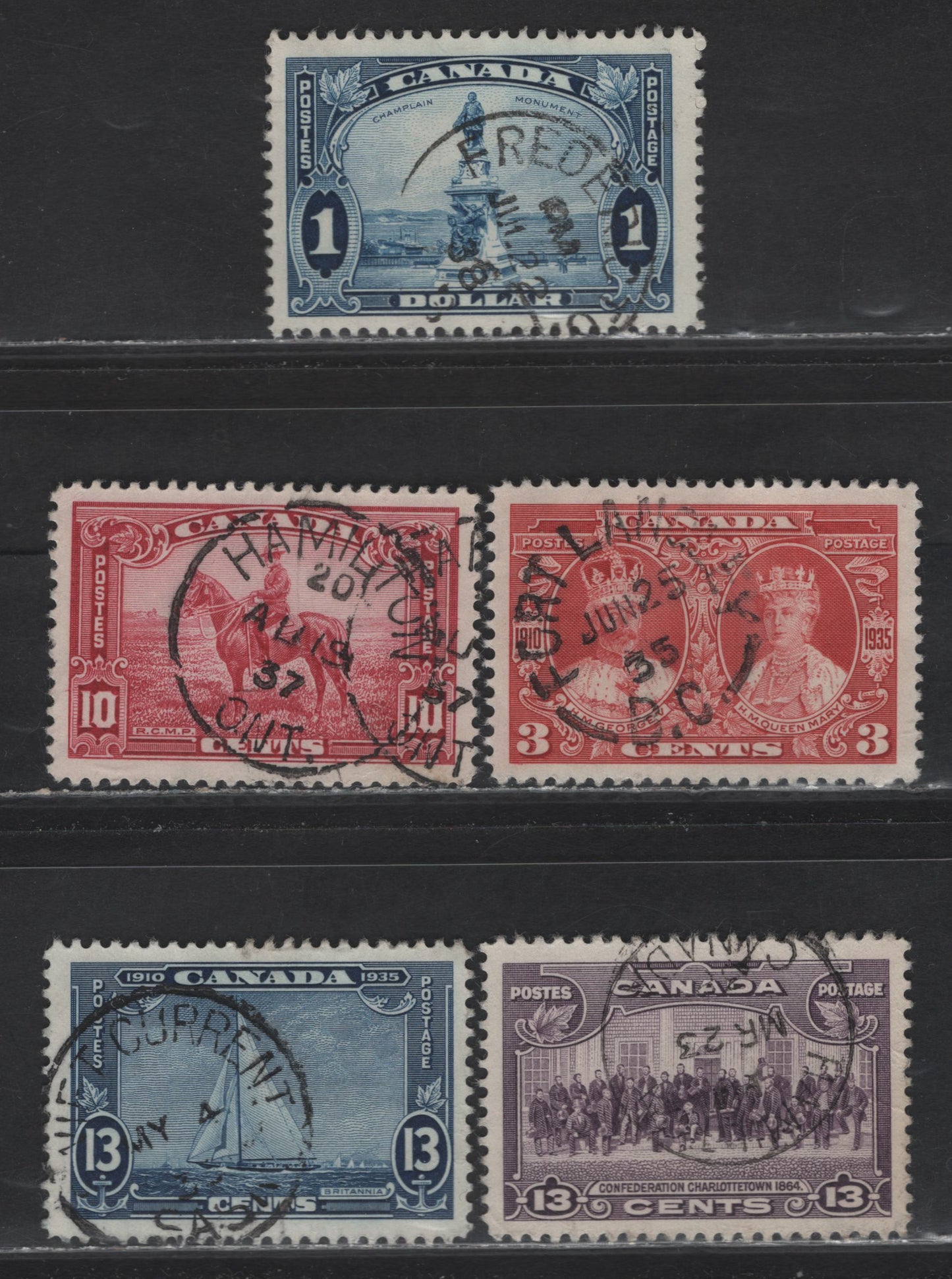 Lot 292 Canada (C) #213, 216, 223-224, 227 3c - $1 Carmine - Blue King George V & Queen Mary - Champlain Statue, 1935 KGV Silver Jubilee - Pictorial Issues, 5 Very Fine Used Singles, SON Town Cancels