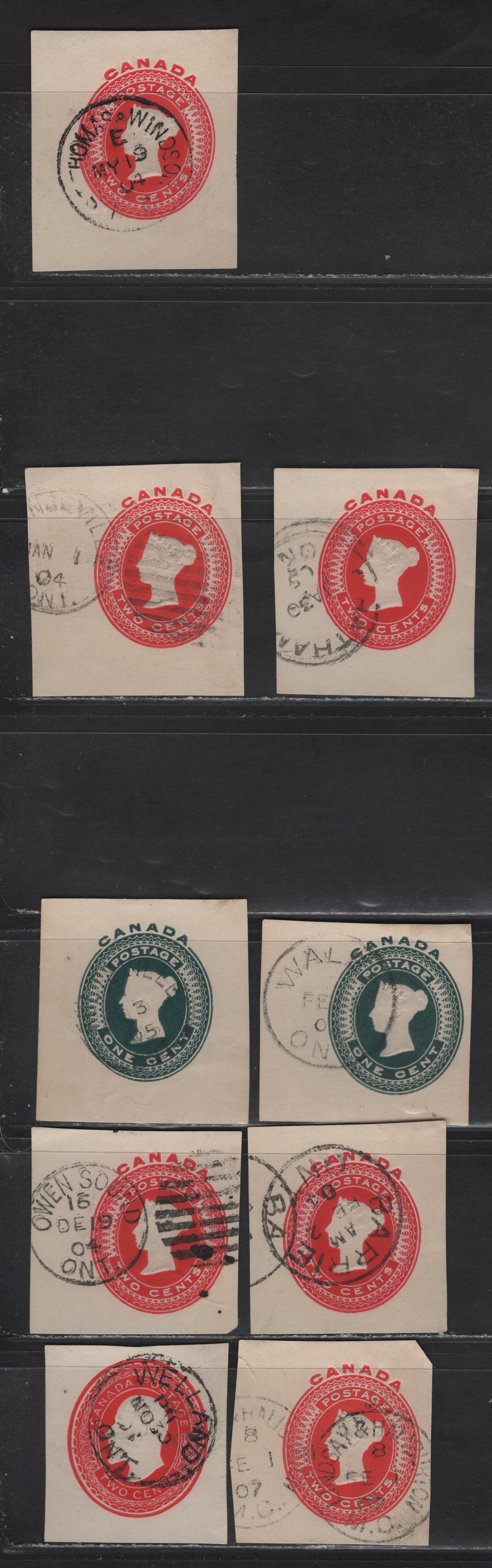 Lot 293 Canada #U9, U11, U16b 1c - 2c Green - Red Queen Victoria - King Edward VII, 1898-1905 Portrait Issues,  Very Fine Used Cut Squares, SON Town Cancels