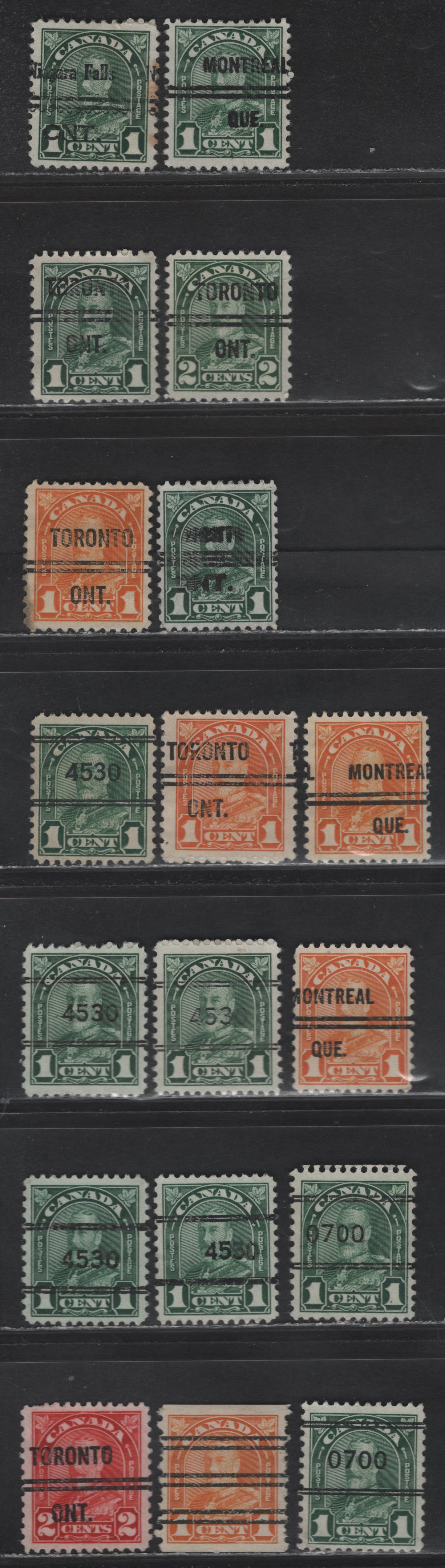 Lot 294 Canada Walburn#7-161, 8-163,b, 3-163b, 7-163b, 11-162, 11-163b, 11-164, 3-163, 13-163b, 13-165, u-179 1c - 2c Orange - Green King George V, 1930-1935 Arch Issue,  Very Fine Used Singles, Generic, Montreal & Toronto Precancels