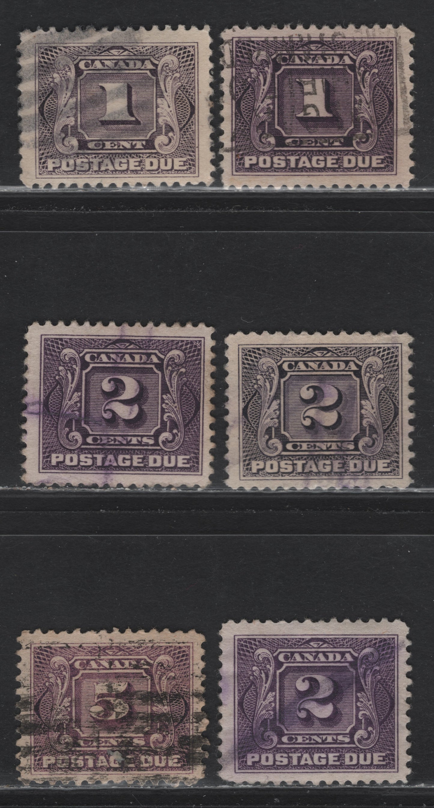 Lot 296 Canada #J1, J1c, J2, J3e, J4 1c - 5c Blackish Lilac - Pale Reddish Lilac Numeral, 1906-1928 Postage Dues,  Very Fine Used Singles, Wet & Dry Printings, Different Shades From Lot 297