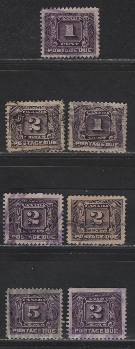 Canada #J1, J1c, J2, J3e, J4 1c - 5c Deep Rose Lilac Numeral, 1906-1928 Postage Dues,  Very Fine Used Singles, Wet & Dry Printings, Different Shades From Lot 296