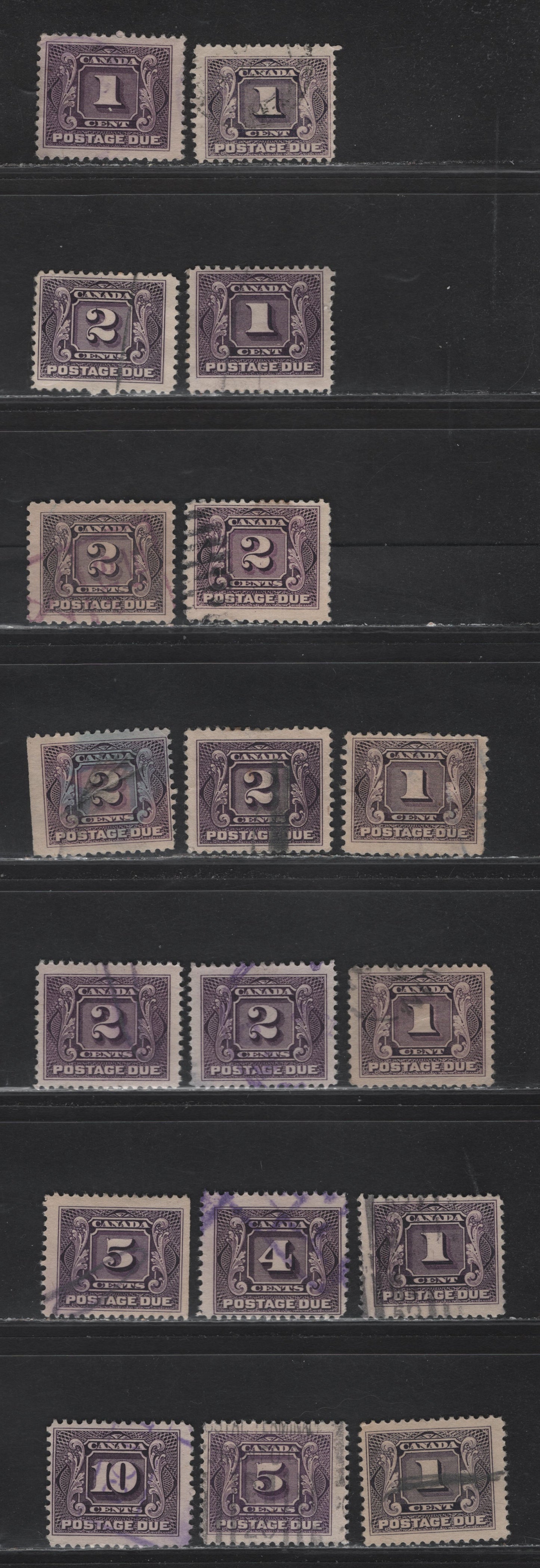 Lot 299 Canada #J1, J2c, J2, J1c, J3-J5 1c - 10c Dark Rose Lilac - Deep Rose Lilac Numeral, 1906-1928 Postage Dues,  Fine Used Singles, Wet & Dry Printings