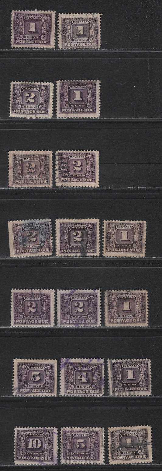Canada #J1, J2c, J2, J1c, J3-J5 1c - 10c Dark Rose Lilac - Deep Rose Lilac Numeral, 1906-1928 Postage Dues,  Fine Used Singles, Wet & Dry Printings