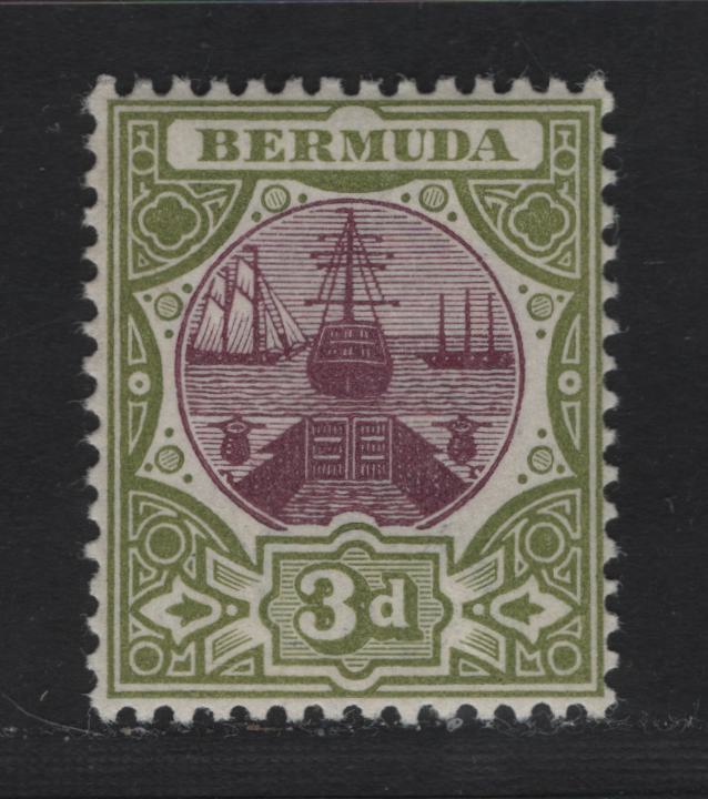 Lot 30 Bermuda SG#33 3d Magenta & Sage Green, 1902-1903 Dry Dock Definitives Issue, A VFNH Single