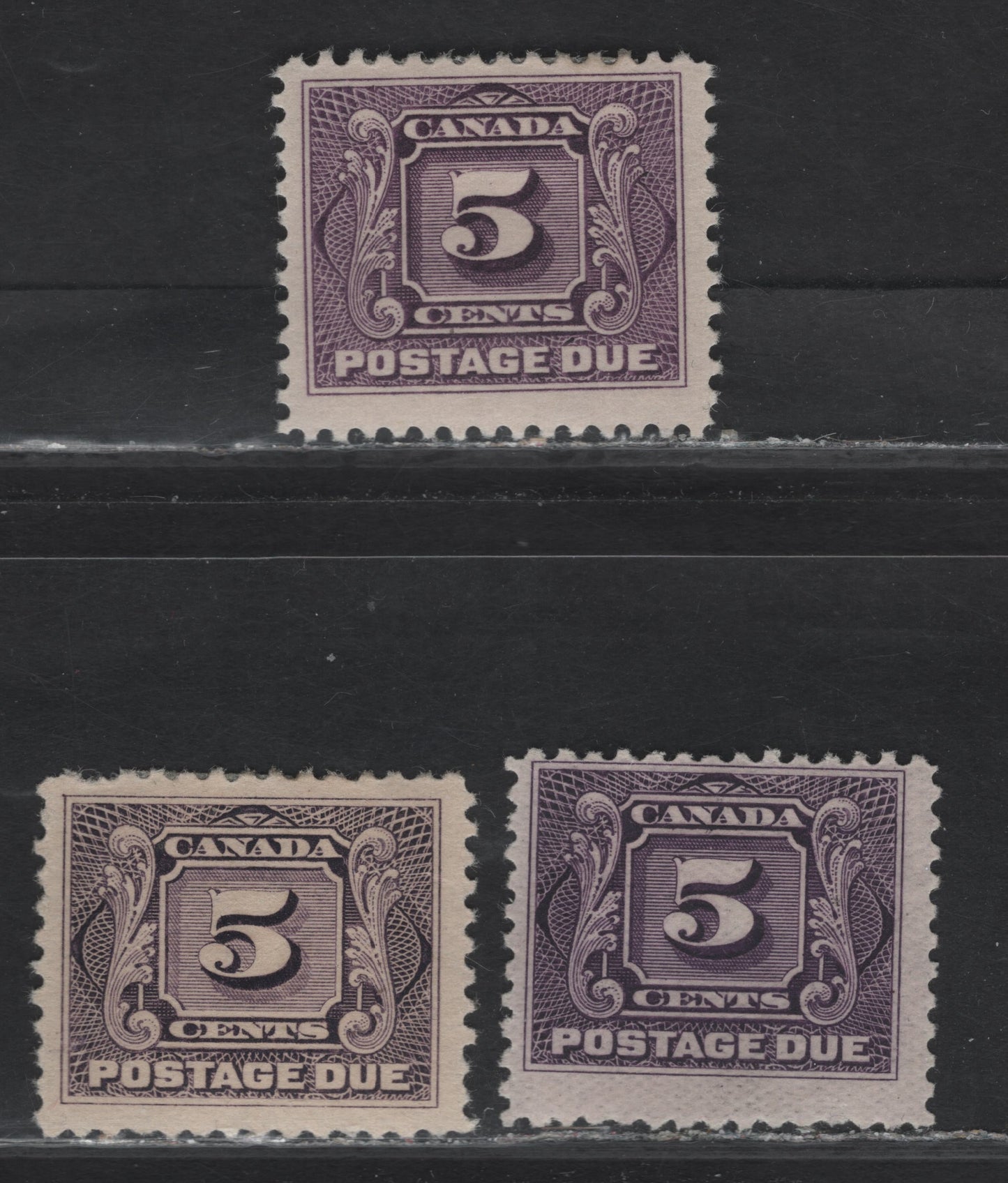 Lot 309 Canada #J4, J4a, J4c 5c Blackish Lilac - Rose Lilac Numeral, 1906-1928 Postage Dues, 3 FOG Singles, Wet & Dry Printings, Unchecked As To Specific Paper Type & Perfs