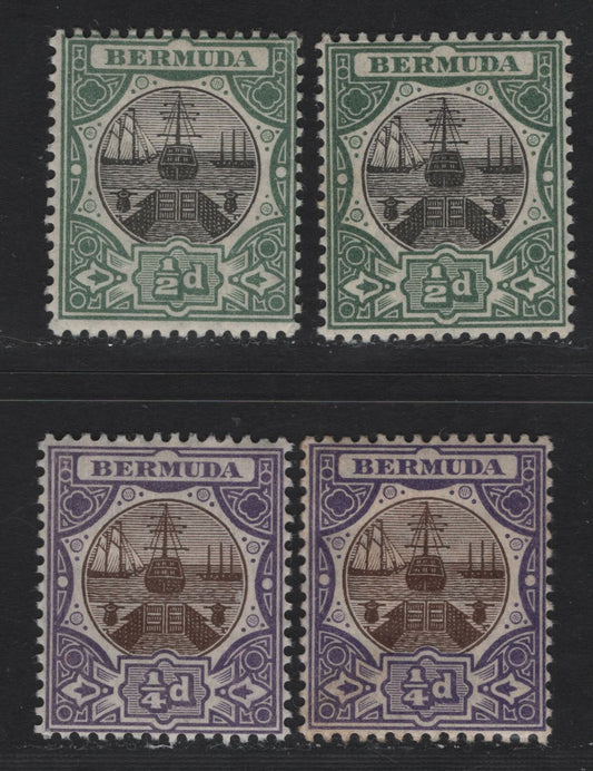 Lot 31 Bermuda SG#34-35 1/4d Brown & Violet,1/2d Black & Green, 1906-1910 Dry Dock Definitives Issue, Wmk Multiple Crown CA, 4 F&VF OG Singles Two Slight Shade Variations Of Each Value