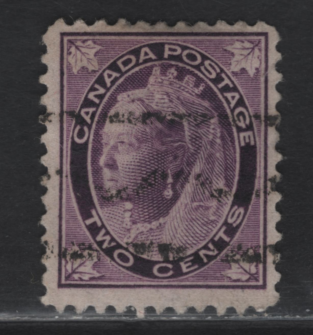 Lot 312 Canada #68xx 2c Purple Queen Victoria, 1897-1898 Maple Leaf Issue, A Fine Used Single, Unlisted 'R' Style Precancel With 12mm Space Between Outside Of Horizontal Bars & 10.5mm between Wave Peaks, The Listed Stlye 'T' has 13-14mm Between Peaks
