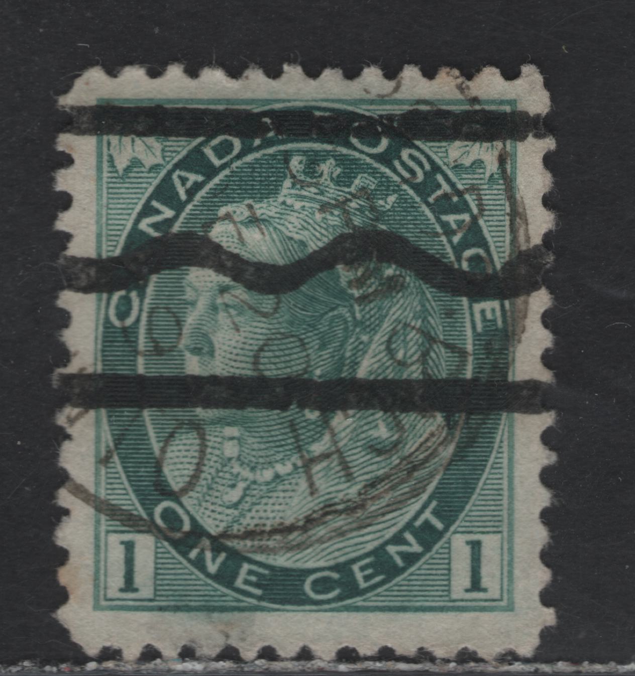 Lot 313 Canada #75iixx 1c Blue Green Queen  Victoria, 1898-1902 Maple Leaf Issue, A Very Fine Used Precancelled Single, Unlisted Style R Precancel, 8.5mm Between Peaks & 12.5mm Between Outside of Bars.