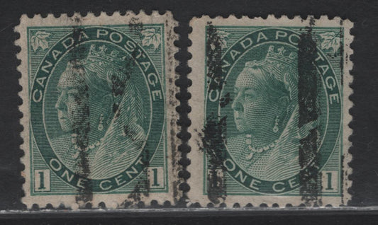 Lot 316 Canada #75ii 1c Blue Green Queen  Victoria, 1898-1902 Maple Leaf Issue, 2 Very Fine Used Singles, Vertical Style 4  & Possible Double Vertical Precancels