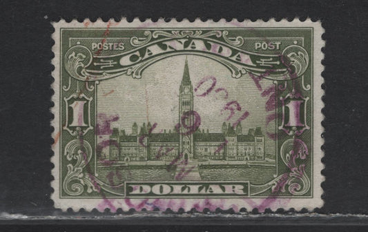 Lot 319 Canada (C) #159 $1 Olive Green Parliament Building, 1928-1929 Scroll Issue, A Fine Used Single, ABN-JJJJ Paper, March 6 1930 Windsor Cancel
