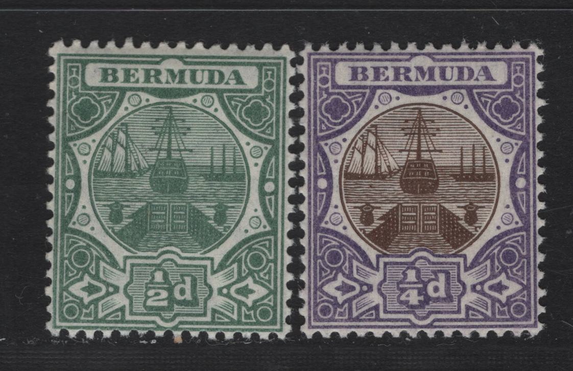 Lot 32 Bermuda SG#34, 36 1/4d Brown & Violet, 1/2d Green, 1906-1910 Dry Dock Definitives Issue, Wmk Multiple Crown CA, 2 VFNH Singles