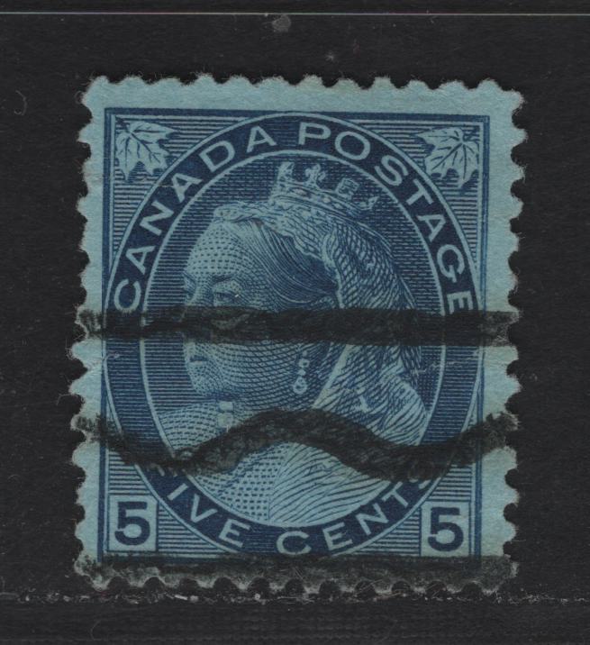Lot 321 Canada #79xx 5c Blue Queen  Victoria, 1898-1902 Maple Leaf Issue, A Fine Used Single, Bluish Paper, Style T precancel, 12.5mm Between Peaks & Bars.
