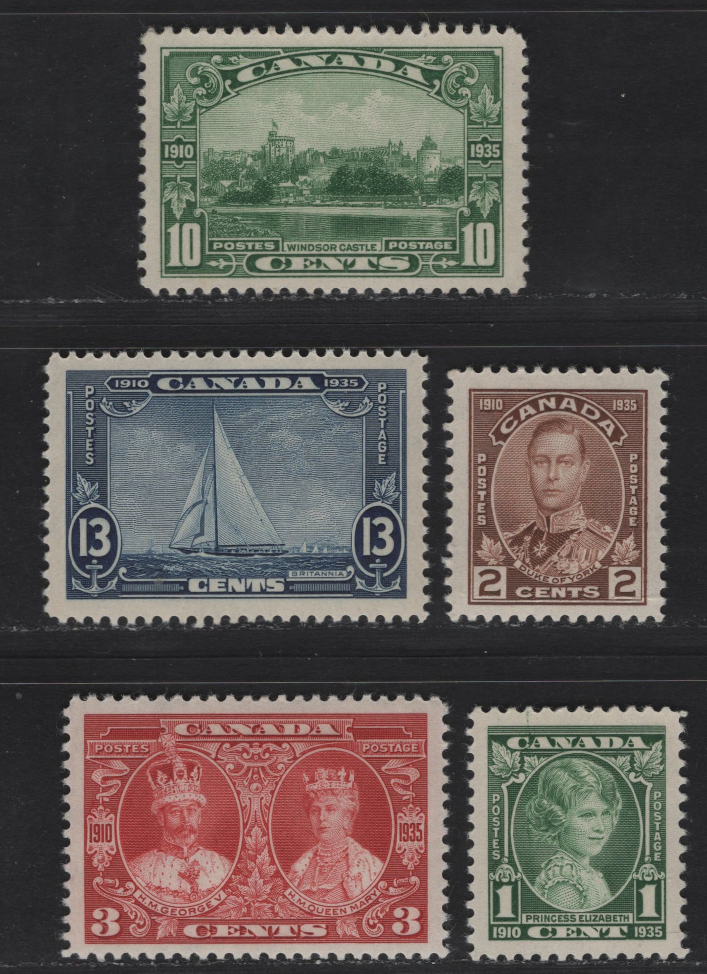Lot 326 Canada (C) #211-213, 215-216 1c - 13c Green - Dark Blue Princess Elizabeth - Royal Yacht Britannia, 1935 KGV Silver Jubilee Issue, 5 VFNH Singles, Near Complete NH Set, Missing Only The 5c, Unchecked For Paper Types