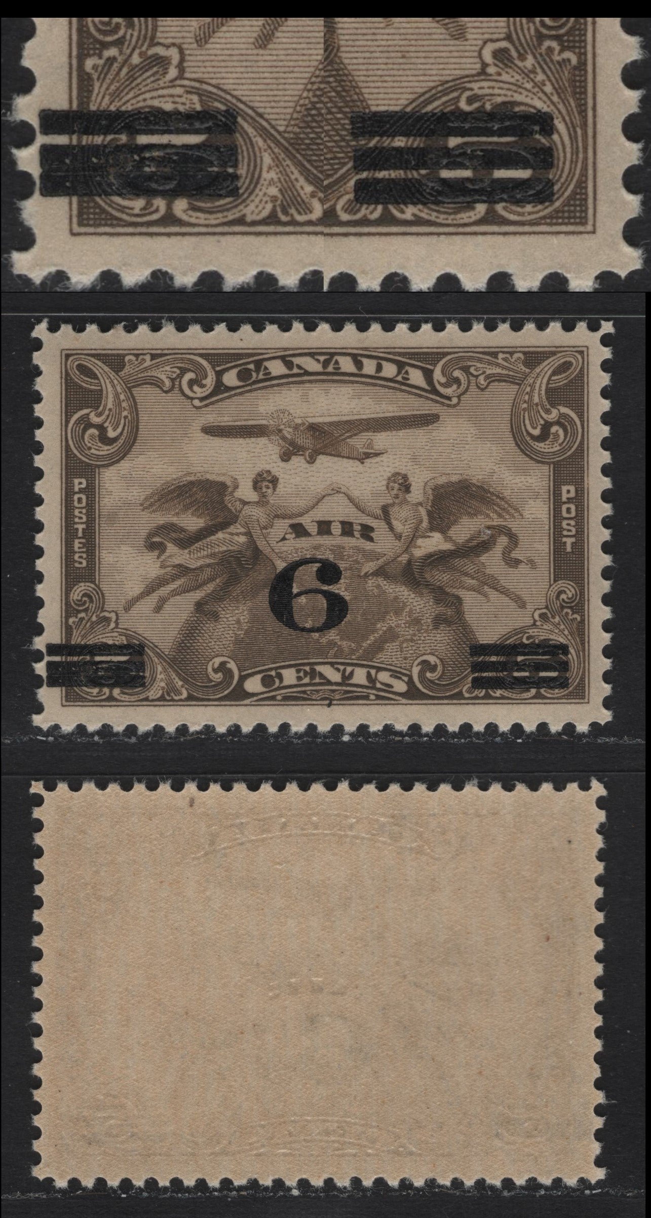 Lot 328 Canada (C) #C3iii 6c on 5c Brown Olive Winged Figures & Globe, 1932 Airmail Issue, A VFNH Single, ABN-OOOO Paper, Pos. 62, Showing Squeezed Bars On Overprint.