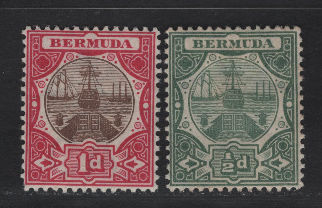 Lot 33 Bermuda SG#36, 37 1/2d Green, 1d Brown & Carmine, 1906-1910 Dry Dock Definitives Issue, Wmk Multiple Crown CA, 2 VFOG Singles