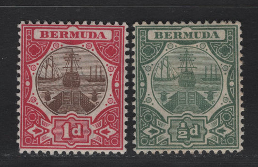 Lot 33 Bermuda SG#36, 37 1/2d Green, 1d Brown & Carmine, 1906-1910 Dry Dock Definitives Issue, Wmk Multiple Crown CA, 2 VFOG Singles
