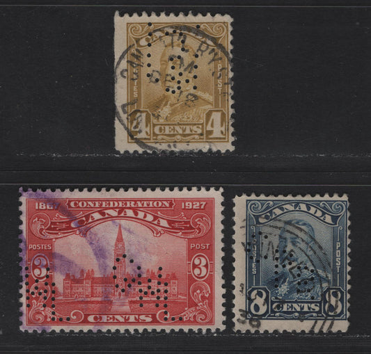 Lot 331 Canada #143, 152, 154 3c - 8c Carmine Red - Dark Blue Parliament Building - , 1927-1929 Confederation - Scroll Issues,  Fine Used Singles, Great West Life, CPR & Inverted McClary Manufacturing Perfins