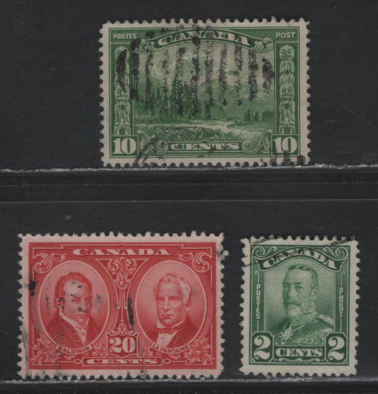 Lot 349 Canada #148, 150, 155 20c - 10c Brown Carmine - Green Baldwin & Lafontaine - Mt Hurd, 1927-1929 Historical - Scroll Issues, 3 Very Fine Used Singles