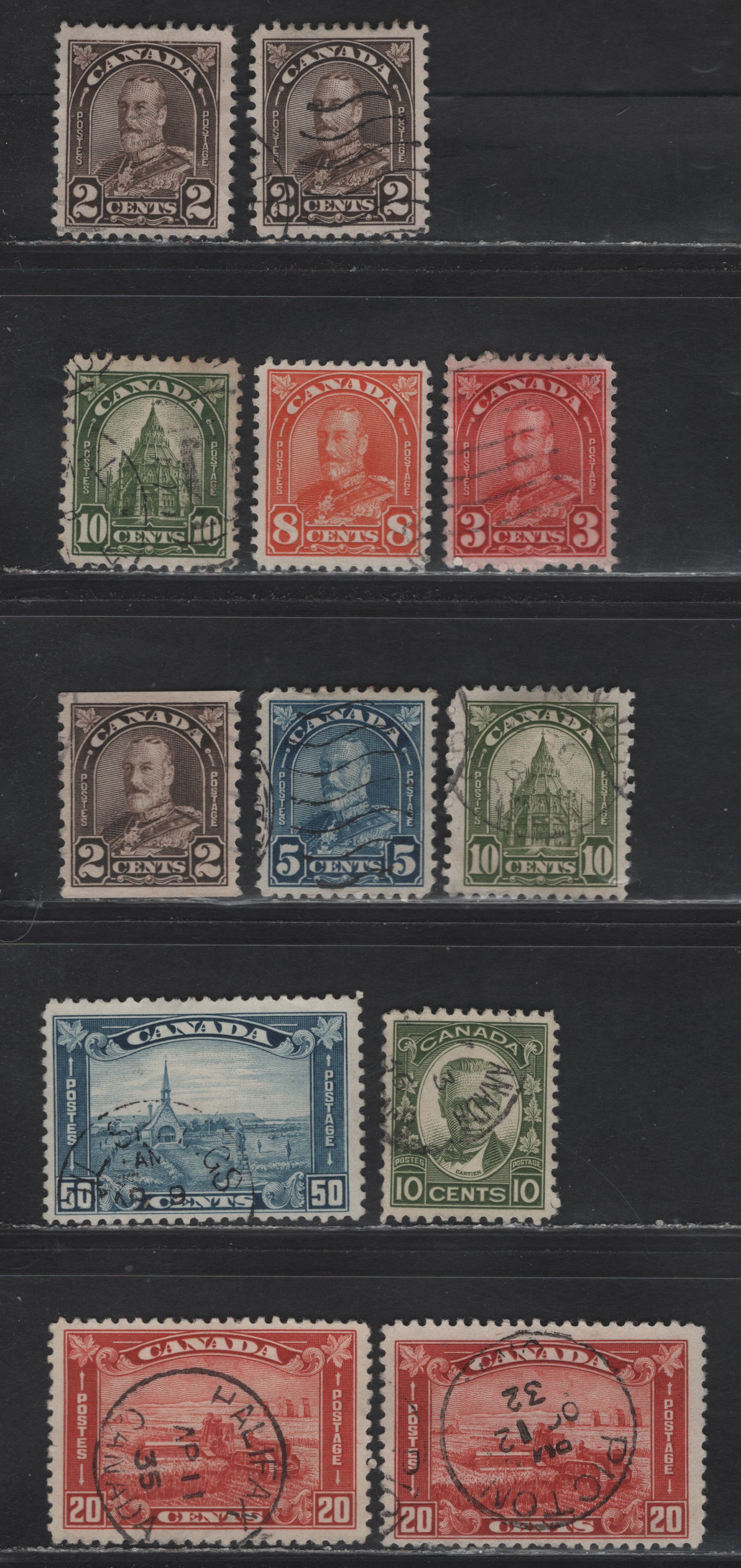 Lot 350 Canada #166, 167, 170i, 172-173, 175, 182, 190 2c - 50c Dark Brown - Dull Blue King George V - George Etienne Cartier, 1930-1931 Arch/Leaf - George-Etienne Cartier Issues, 12 Fine/Very Fine Used Singles