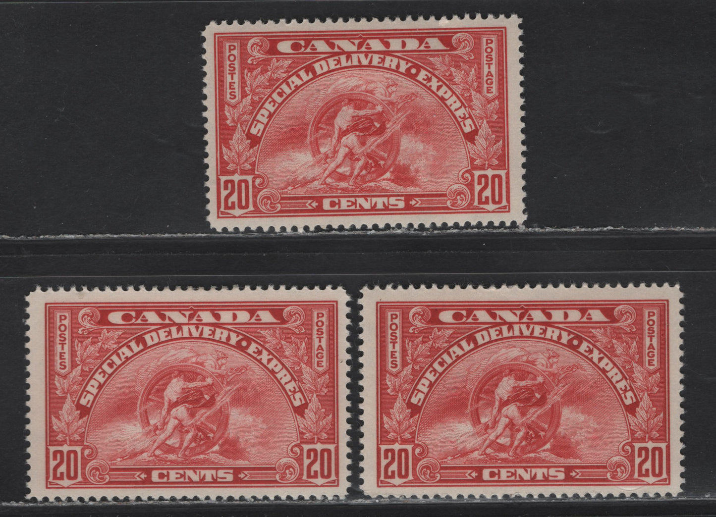 Lot 354 Canada (C) #E6 20c Light Carmine - Carmine , 1935 Special Delivery Issue, 3 F/VFOG Singles, CBN-ZZZ, CBN-HH & CBN-YYY Papers, Perfs 12, 12.1x11.9 & 11.9