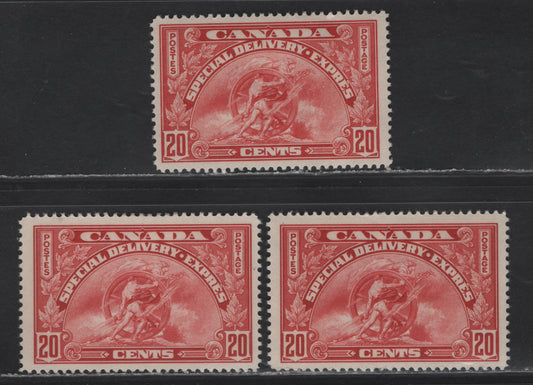 Lot 354 Canada (C) #E6 20c Light Carmine - Carmine , 1935 Special Delivery Issue, 3 F/VFOG Singles, CBN-ZZZ, CBN-HH & CBN-YYY Papers, Perfs 12, 12.1x11.9 & 11.9