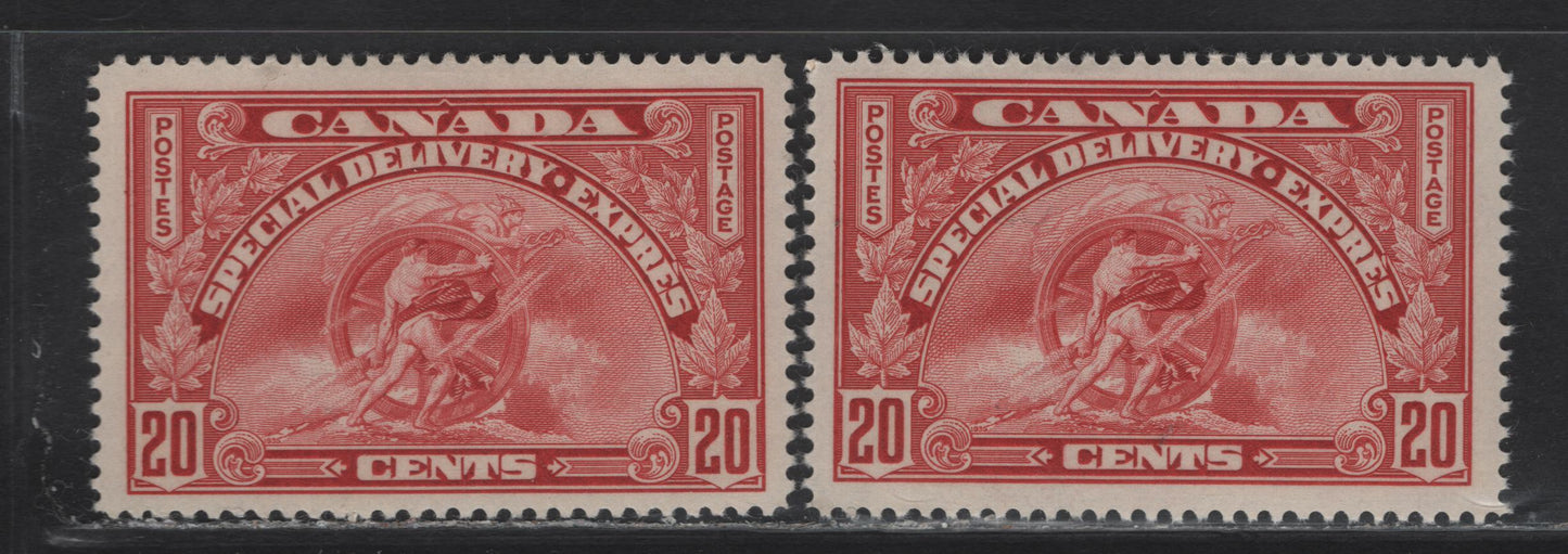 Lot 356 Canada (C) #E6 20c Carmine , 1935 Special Delivery Issue, 2 VFOG Singles, CBN-SS Paper, Perfs 11.9x12 & 11.9
