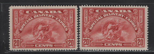 Lot 356 Canada (C) #E6 20c Carmine , 1935 Special Delivery Issue, 2 VFOG Singles, CBN-SS Paper, Perfs 11.9x12 & 11.9
