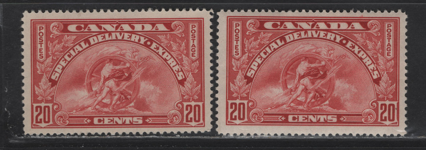 Lot 357 Canada #E6 20c Carmine , 1935 Special Delivery Issue, 2 F/VFOG Singles, CBN-SS Paper, Perfs 11.9 & 12x11.9