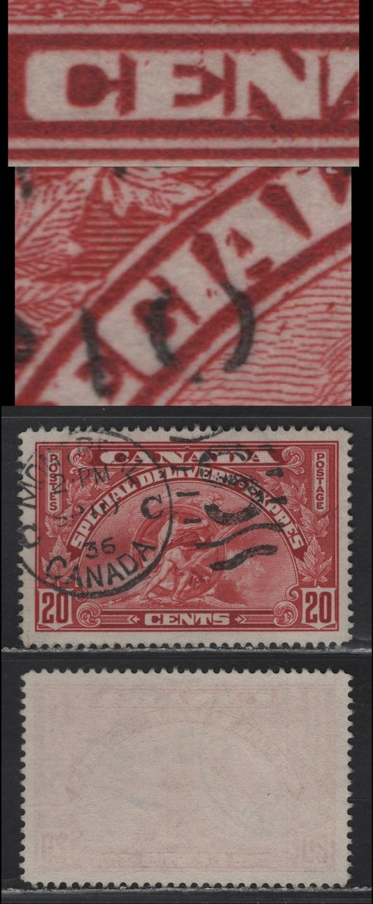 Lot 358 Canada #E6 20c Carmine , 1935 Special Delivery Issue, A Very Fine Used Single, Crisp Vertical Wove Paper With No Mesh, Transluscent, Showing Short Dashes In & Below 'IAL' of Special & CE of Cents, Sept 10 1936 Montreal Duplex Cancel.