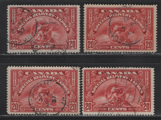 Lot 359 Canada #E6 20c Carmine , 1935 Special Delivery Issue, 4 Fine/Very Fine Used Singles, Crisp Vertical Wove Paper With No Mesh, Transluscent & Opaque paper With Coarse Mesh