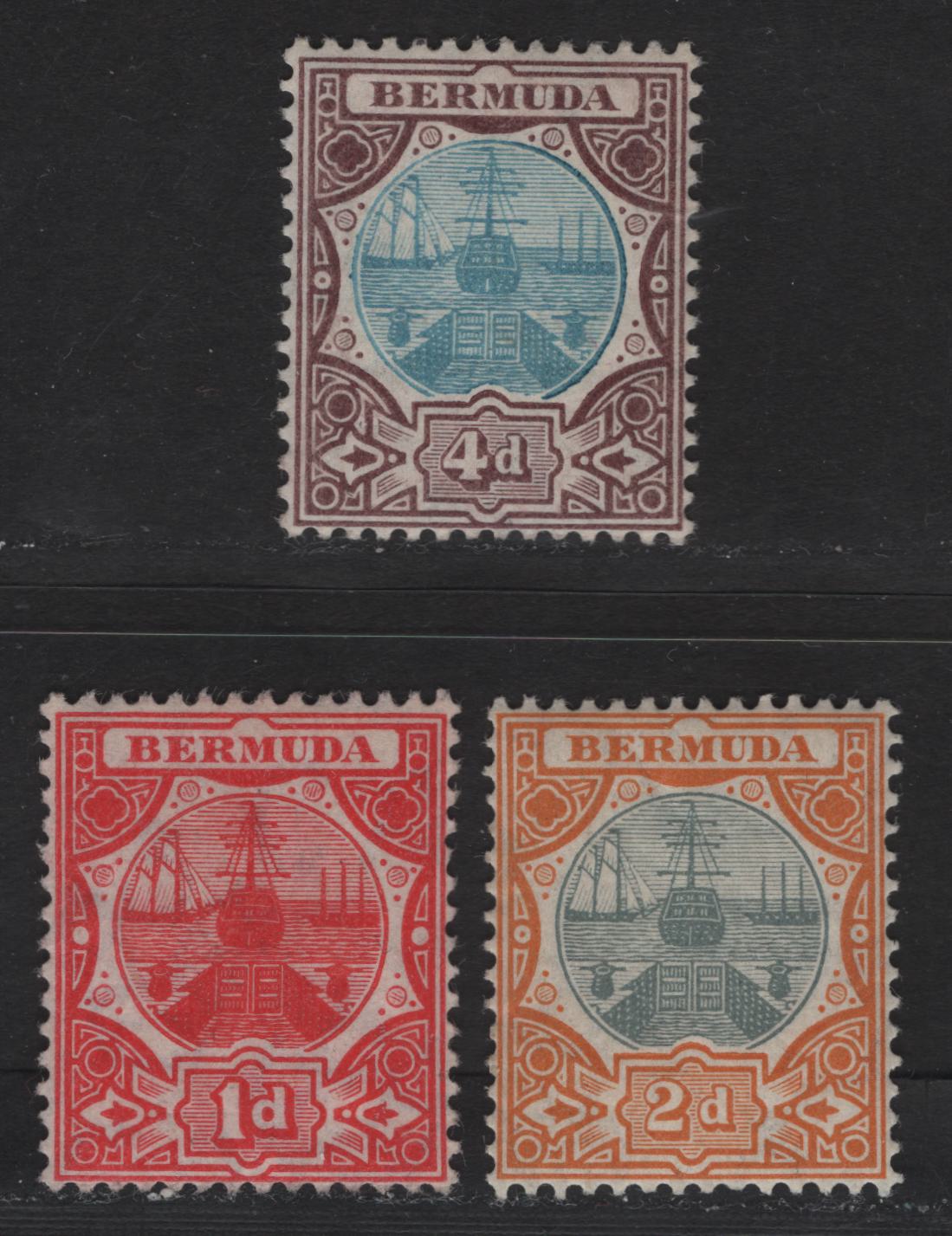 Lot 36 Bermuda SG#37, 39, 42 1d - 4d Red - Blue &Chocolate Dry Docks, 1906-1910 Dry Docks Definitive Issue, 3 VFOG & Unused Singles, Multiple Crown CA Wmk, 1d Has No Gum
