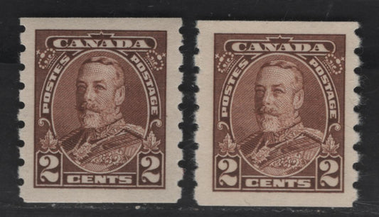 Lot 376 Canada #229 2c Brown King George V, 1935-1937 Dated Die Issue Airmail, 2 VFOG Coil Singles On Paper CBN-BBB, Two Different Shades of Brown