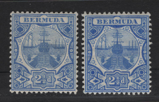 Lot 38 Bermuda SG#41 2.5d Blue & Violet Dry Docks, 1906-1910 Dry Docks Definitive Issue, 2 VFOG Singles, Multiple Crown CA Wmk