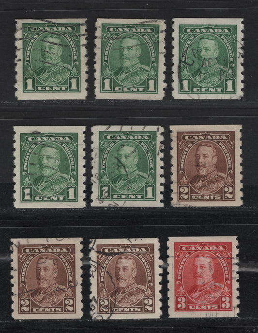 Canada #228 1c-3c Green-Carmine King George V, 1935-1937 Dated Die Issue Airmail, 9 VF Used Coil Singles On Different Papers, Unchecked As To Specific Type