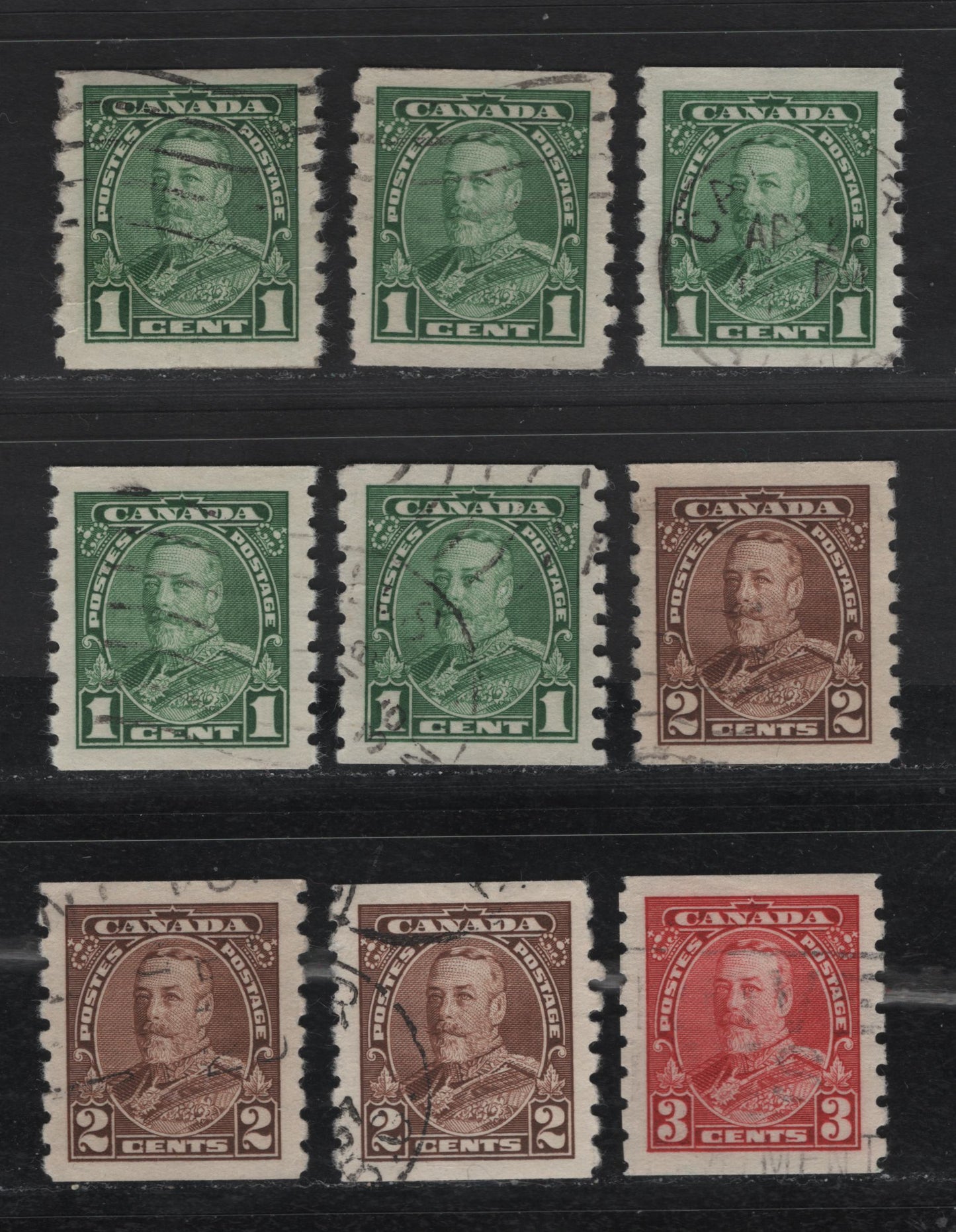 Lot 388 Canada #228 1c-3c Green-Carmine King George V, 1935-1937 Dated Die Issue Airmail, 9 VF Used Coil Singles On Different Papers, Unchecked As To Specific Type