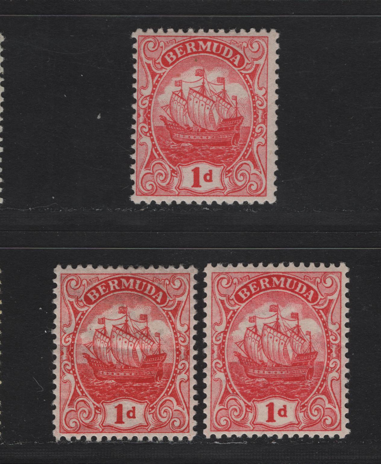 Lot 41 Bermuda SG#46-b 1d Red - Carmine Caravel, 1910-1925 Caravel Definitive Issue, 3 F/VFOG Singles, Carmine Shade Has A Small Internal Horizontal Crease