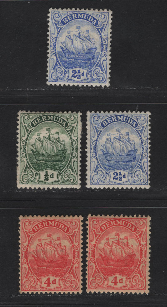 Lot 42 Bermuda SG#45a, 48, 49a 1/2d - 2.5d Deep Green - Blue & Red on Yellow Caravel, 1910-1925 Caravel Definitive Issue, 5 F/VFOG Singles, Two Shades Of Each Of The 2.5d & 4d