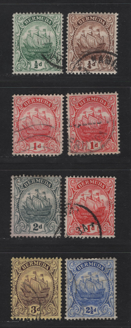 Lot 45 Bermuda SG#44, 45, 46-b, 47-49 1/4d - 3d Brown - Purple on Yellow Caravel, 1910-1925 Caravel Definitive Issue, 8 Fine/Very Fine Used Singles, Multiple Crown CA Wmk