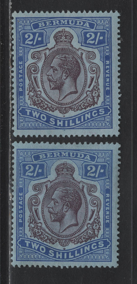 Lot 46 Bermuda SG#51b 2/- Pirple & Blue on Blue - Deep Purple & Bright Blue on Blue King George V, 1918-1922 KGV Issue, 2 FOG Singles