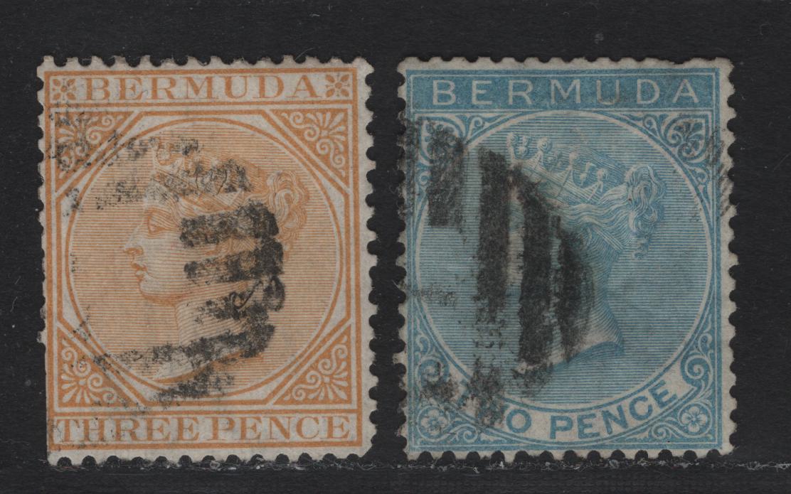 Lot 5 Bermuda SG#3,5a 2d Dull Blue & 3d Yellow Buff, 1865-1903 Queen Victoria Keyplates Issue, Wmk Crown CC, 2 G & VF Used Singles