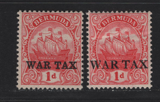 Lot 51 Bermuda SG#56a, 58 1d Rose Red - Carmine Caravel, 1918-1920 War Tax Overprinted Issue, 2 FNH Singles