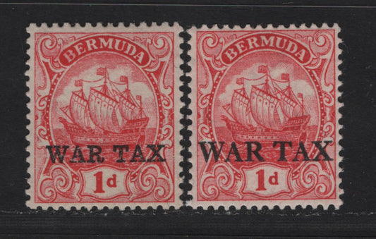 Lot 52 Bermuda SG#56, 58 1d  Red - Carmine Caravel, 1918-1920 War Tax Overprinted Issue, 2 VFOG Singles
