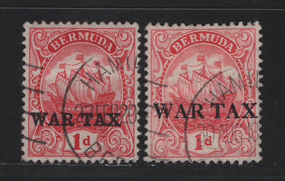 Lot 53 Bermuda SG#56a, 58 1d  Rose Red - Carmine Caravel, 1918-1920 War Tax Overprinted Issue, 2 Very Fine Used Singles