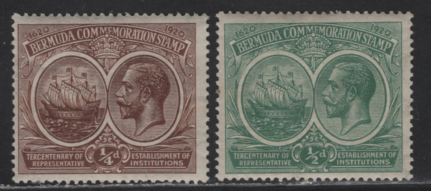 Lot 53A Bermuda SG#59-60 1/4d - 1/2d Brown - Green King George V & Caravel, 1920 Tercentenary of Representative Institutions Issue, 2 F/VFNH Singles